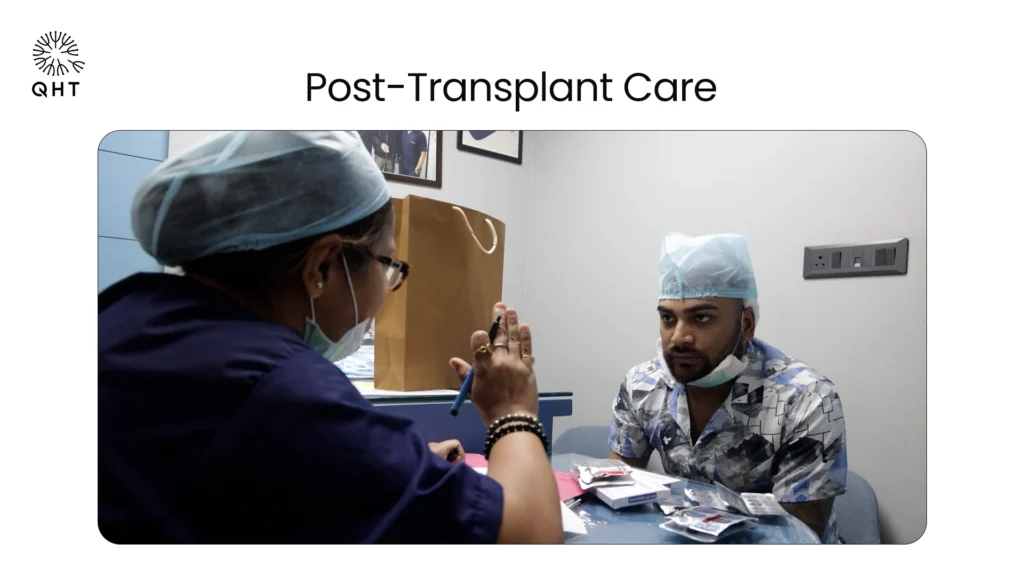 A patient wearing a surgical cap receives professional post-transplant care instructions and consultation from a specialist at QHT clinic.