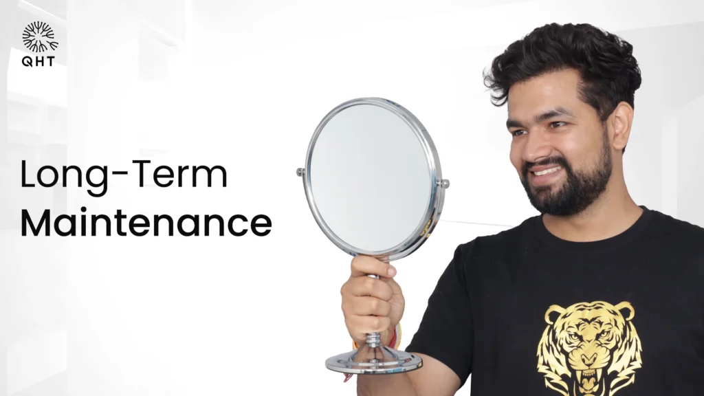 A satisfied man with thick, healthy hair growth looking in a mirror, demonstrating the successful long-term results of a hair transplant and consistent maintenance.